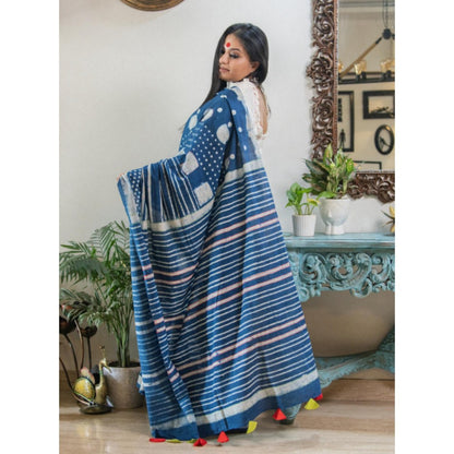 PRATHAA Neelanjali Hand Block Print Handloom Cotton Saree Without Blouse