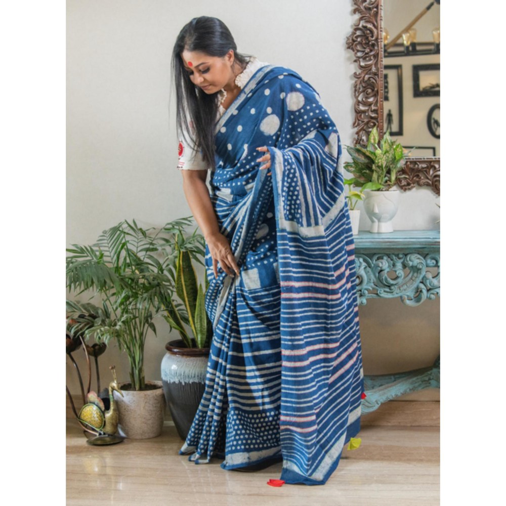 PRATHAA Neelanjali Hand Block Print Handloom Cotton Saree Without Blouse