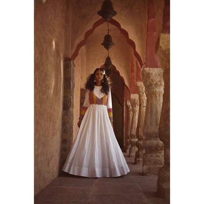 PRATIBHA SULTANIA White Pleated Yoke Anarkali Kurta with Multi Hand Embellished Work