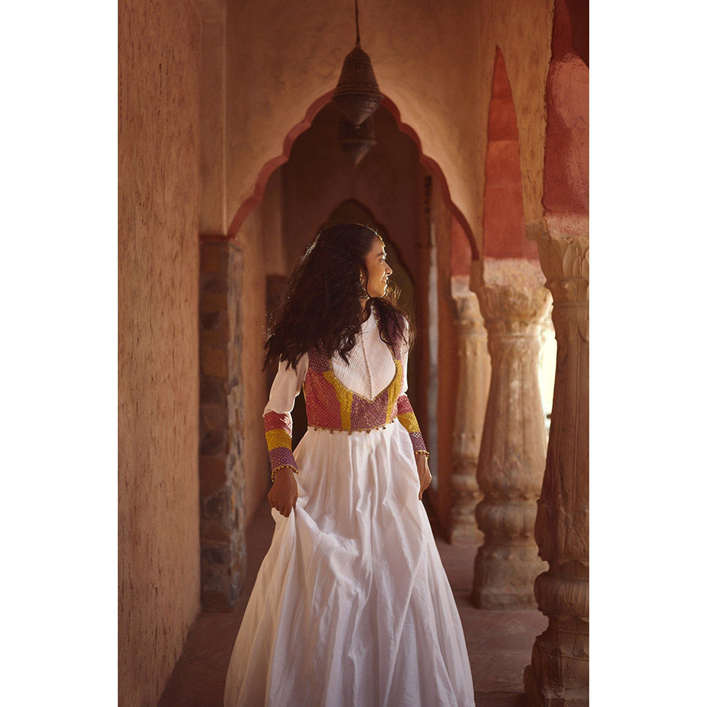 PRATIBHA SULTANIA White Pleated Yoke Anarkali Kurta with Multi Hand Embellished Work