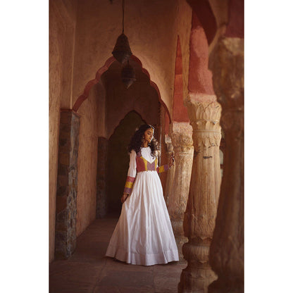 PRATIBHA SULTANIA White Pleated Yoke Anarkali Kurta with Multi Hand Embellished Work