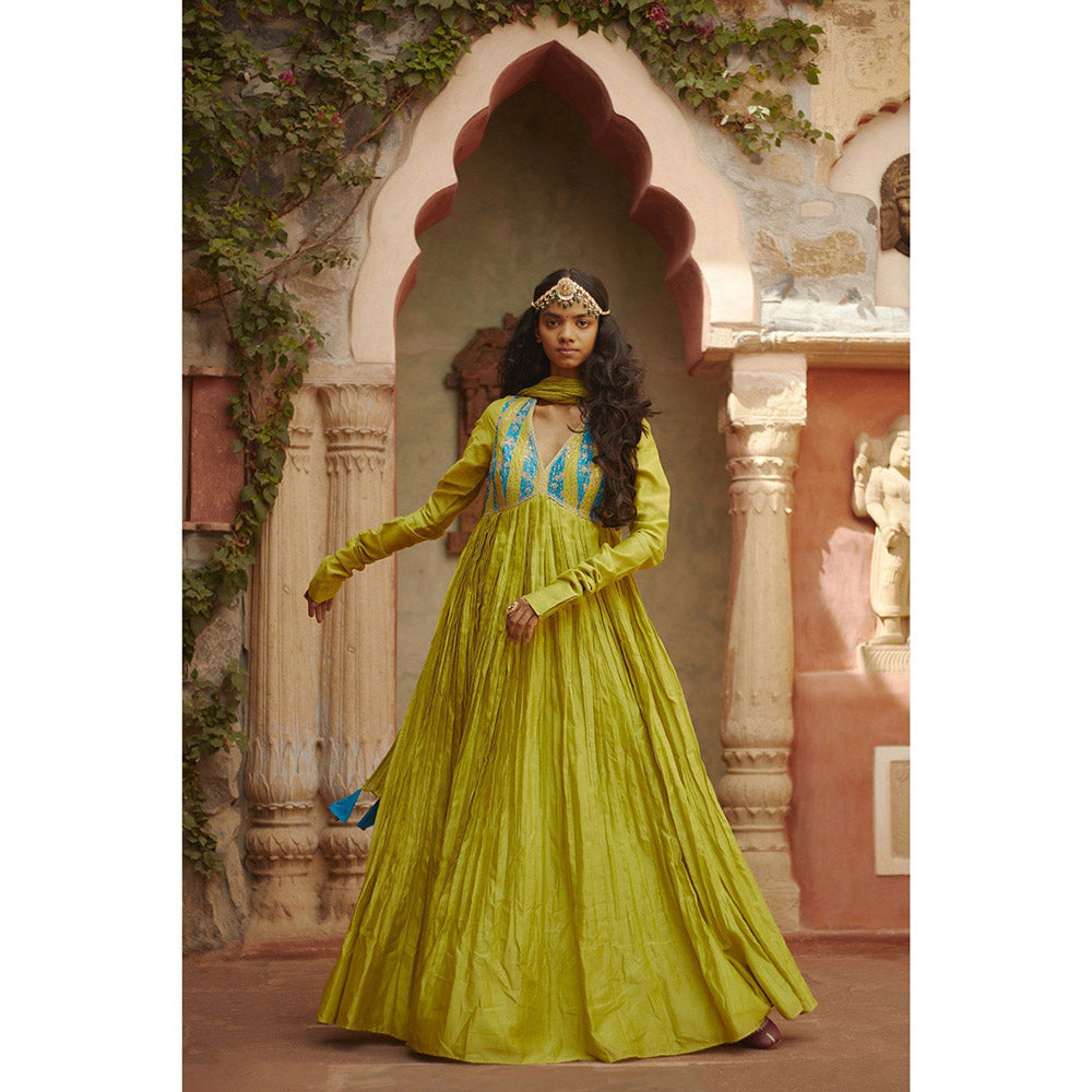 PRATIBHA SULTANIA Green Hand Embellished Anarkali Kurta with a Wrinkled Dupatta (Set of 2)