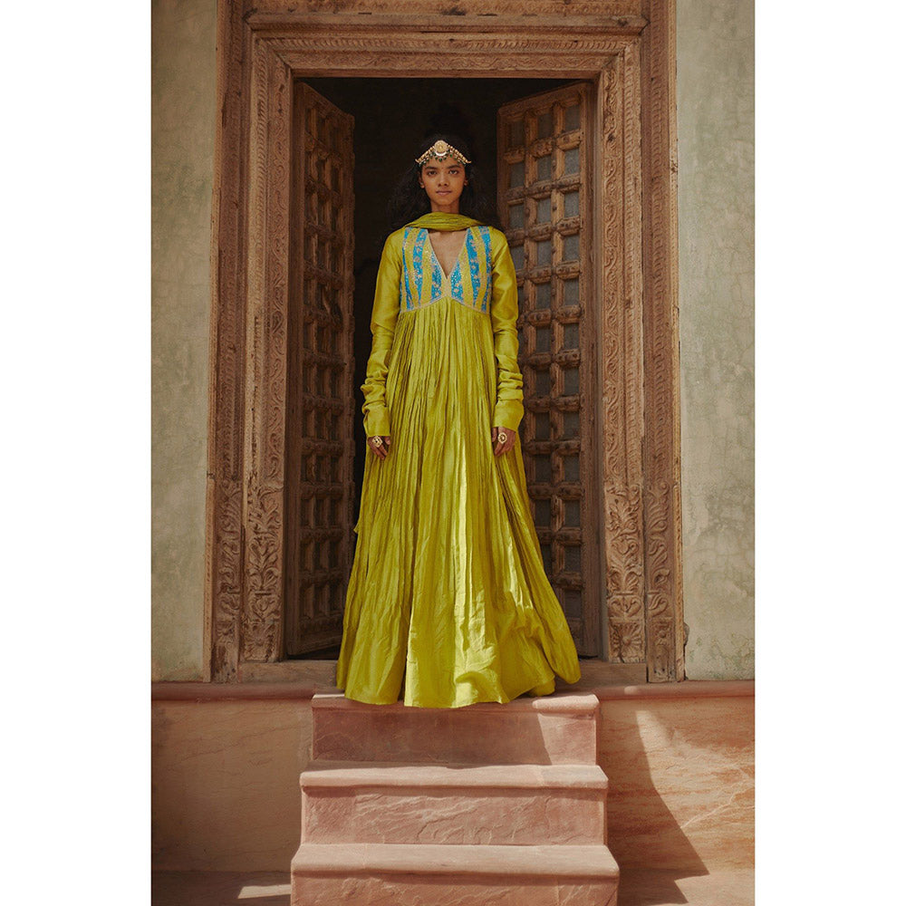 PRATIBHA SULTANIA Green Hand Embellished Anarkali Kurta with a Wrinkled Dupatta (Set of 2)
