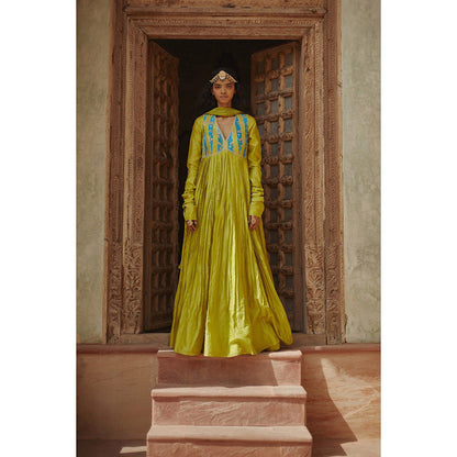 PRATIBHA SULTANIA Green Hand Embellished Anarkali Kurta with a Wrinkled Dupatta (Set of 2)