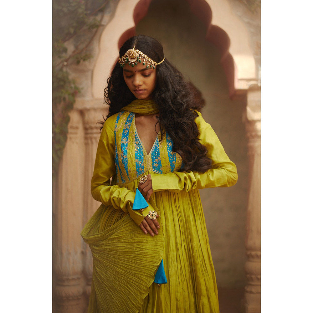 PRATIBHA SULTANIA Green Hand Embellished Anarkali Kurta with a Wrinkled Dupatta (Set of 2)