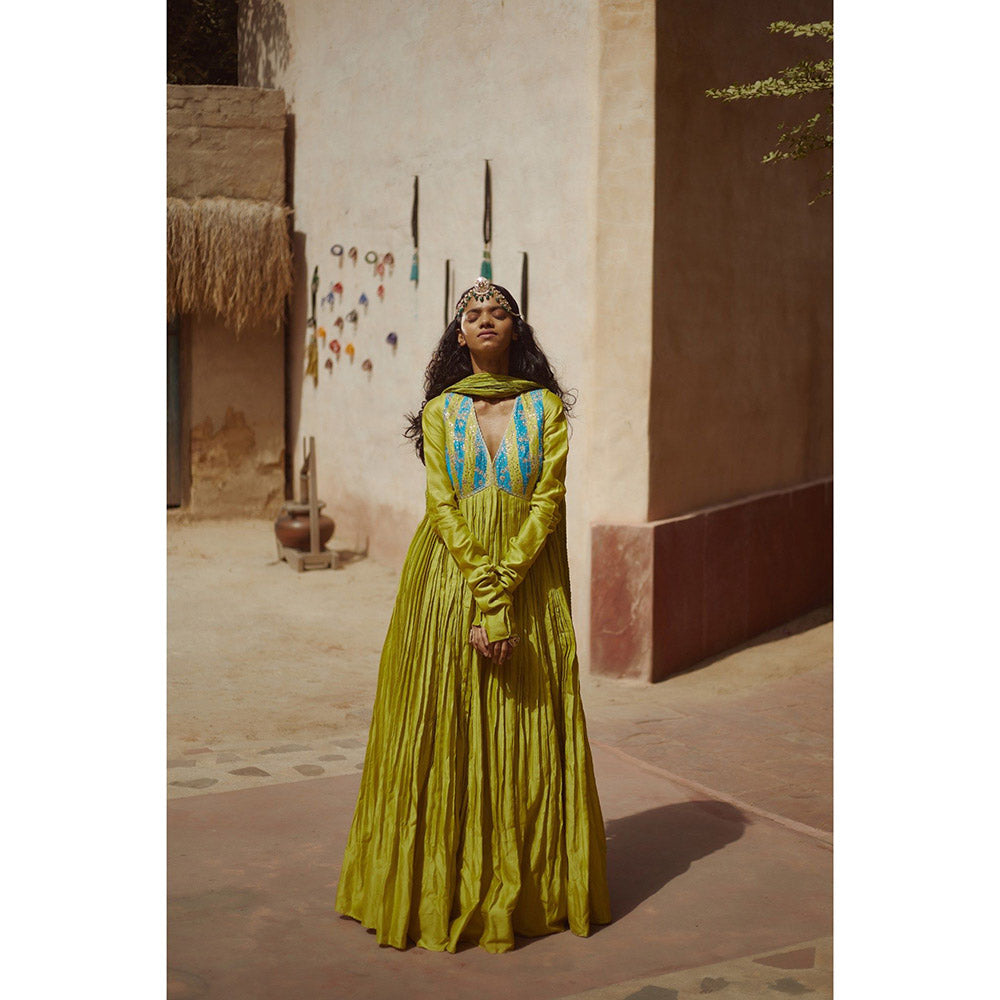 PRATIBHA SULTANIA Green Hand Embellished Anarkali Kurta with a Wrinkled Dupatta (Set of 2)