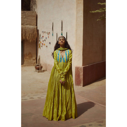 PRATIBHA SULTANIA Green Hand Embellished Anarkali Kurta with a Wrinkled Dupatta (Set of 2)