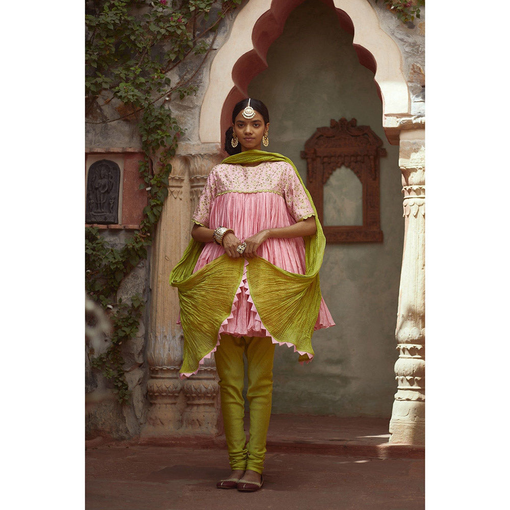 PRATIBHA SULTANIA Pink Chanderi Frilled Short Kurta with Churidar & Wrinkled Dupatta (Set of 3)