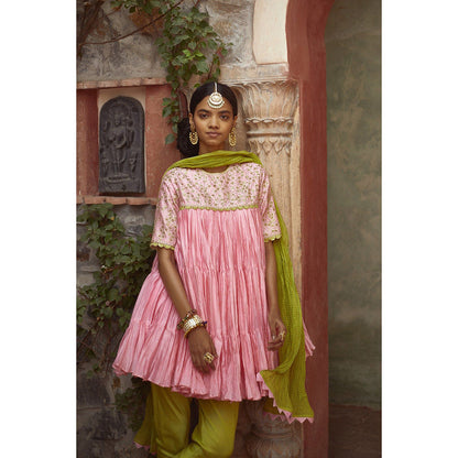 PRATIBHA SULTANIA Pink Chanderi Frilled Short Kurta with Churidar & Wrinkled Dupatta (Set of 3)