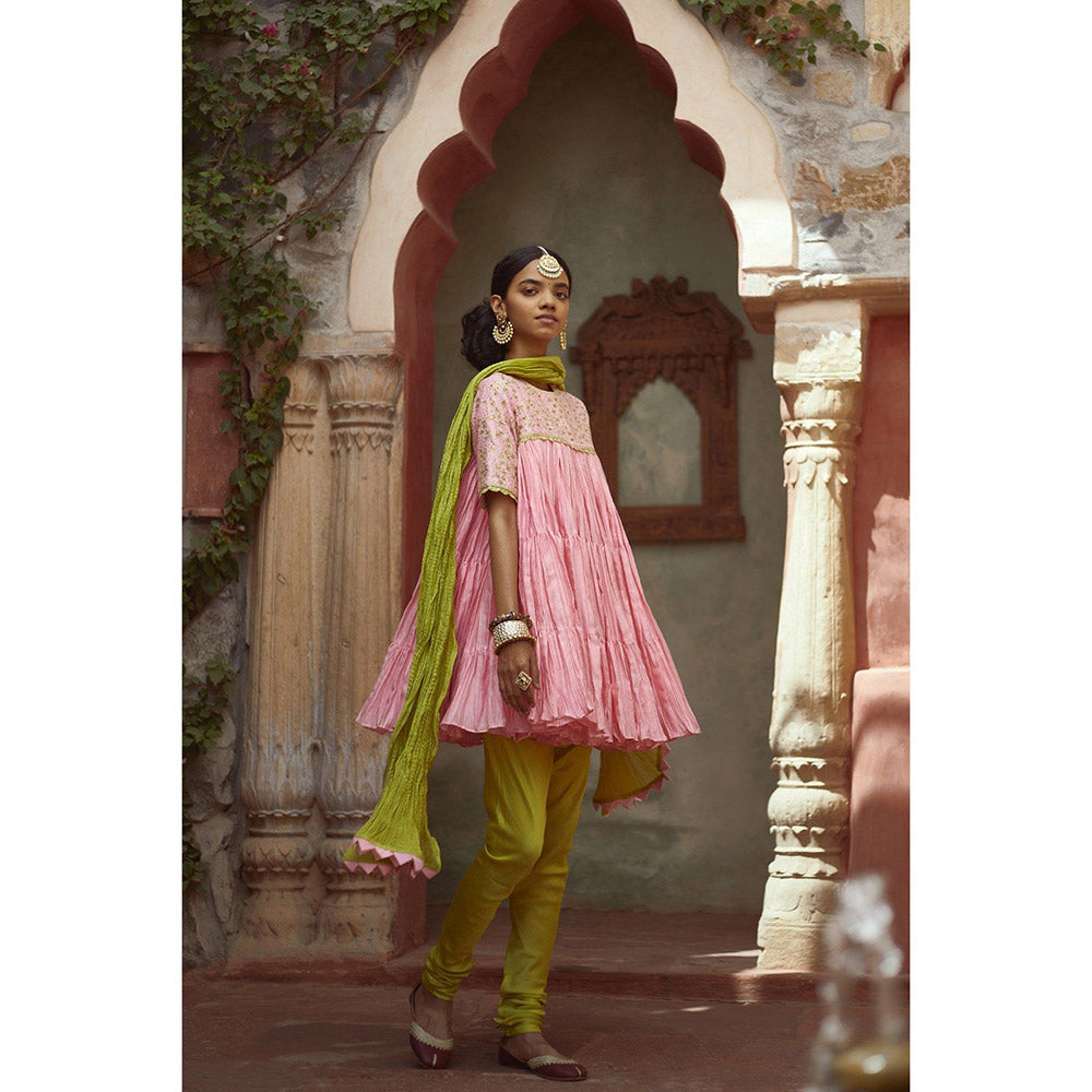 PRATIBHA SULTANIA Pink Chanderi Frilled Short Kurta with Churidar & Wrinkled Dupatta (Set of 3)