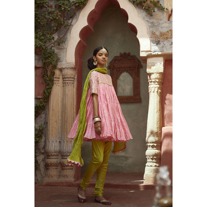 PRATIBHA SULTANIA Pink Chanderi Frilled Short Kurta with Churidar & Wrinkled Dupatta (Set of 3)