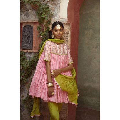 PRATIBHA SULTANIA Pink Chanderi Frilled Short Kurta with Churidar & Wrinkled Dupatta (Set of 3)