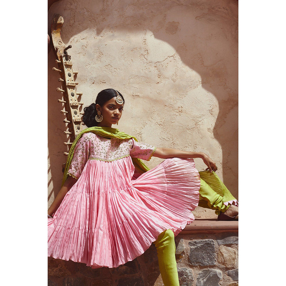 PRATIBHA SULTANIA Pink Chanderi Frilled Short Kurta with Churidar & Wrinkled Dupatta (Set of 3)