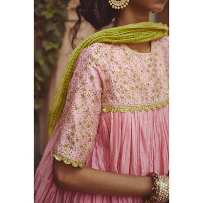 PRATIBHA SULTANIA Pink Chanderi Frilled Short Kurta with Churidar & Wrinkled Dupatta (Set of 3)