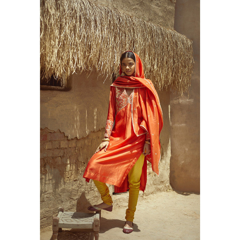 PRATIBHA SULTANIA Silk Orange Kurta with Churidar & Dupatta (Set of 3)