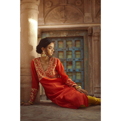 PRATIBHA SULTANIA Silk Orange Kurta with Churidar & Dupatta (Set of 3)