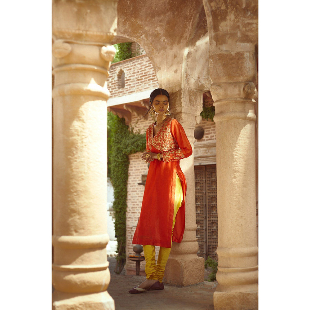 PRATIBHA SULTANIA Silk Orange Kurta with Churidar & Dupatta (Set of 3)