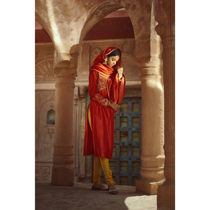 PRATIBHA SULTANIA Silk Orange Kurta with Churidar & Dupatta (Set of 3)