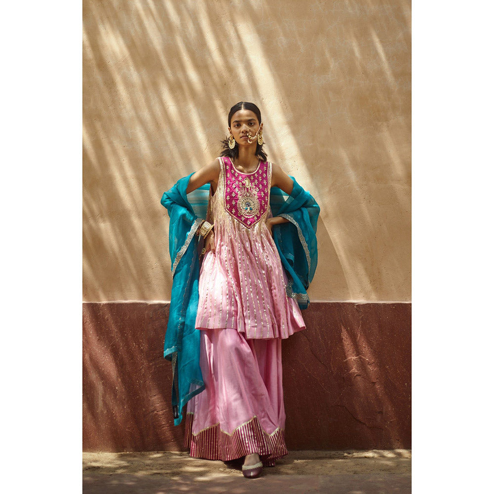 PRATIBHA SULTANIA Pink Gotta Lined Embellished Yoke Kurta with Palazzo & Dupatta (Set of 3)