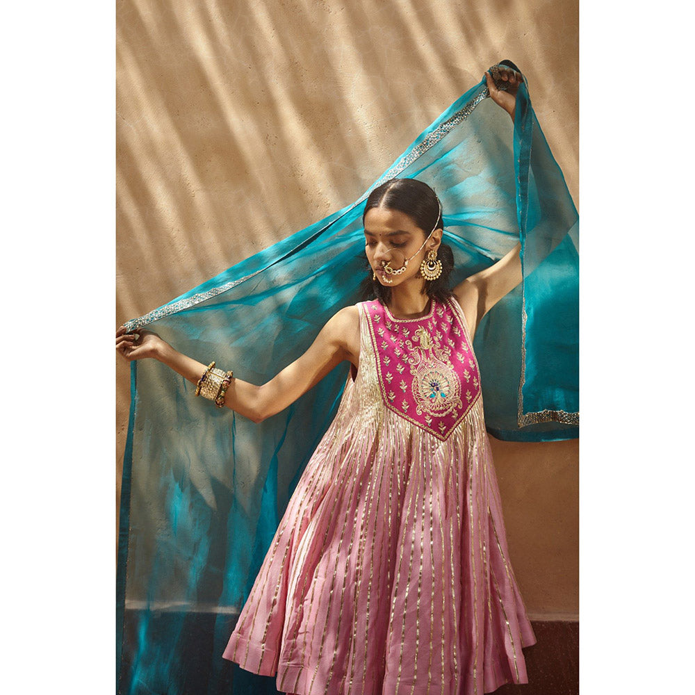 PRATIBHA SULTANIA Pink Gotta Lined Embellished Yoke Kurta with Palazzo & Dupatta (Set of 3)