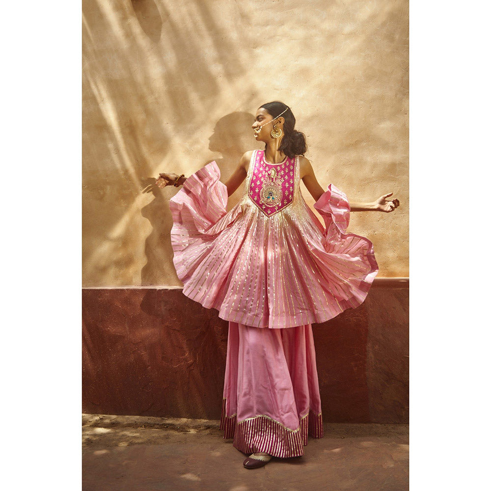 PRATIBHA SULTANIA Pink Gotta Lined Embellished Yoke Kurta with Palazzo & Dupatta (Set of 3)