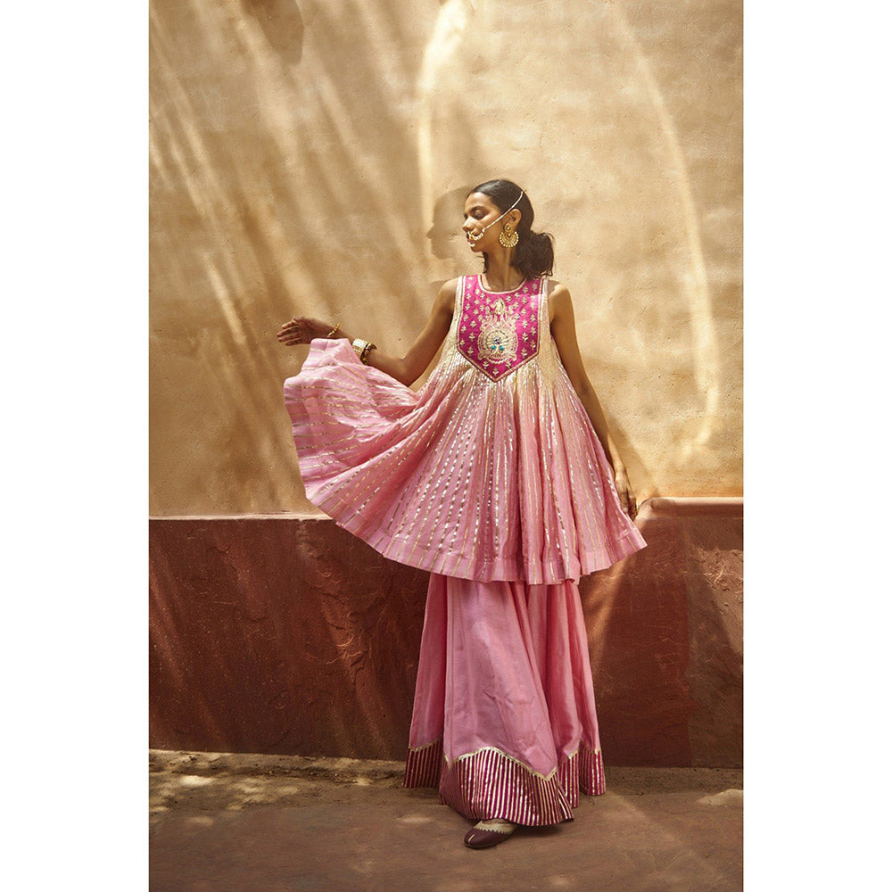 PRATIBHA SULTANIA Pink Gotta Lined Embellished Yoke Kurta with Palazzo & Dupatta (Set of 3)