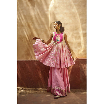 PRATIBHA SULTANIA Pink Gotta Lined Embellished Yoke Kurta with Palazzo & Dupatta (Set of 3)