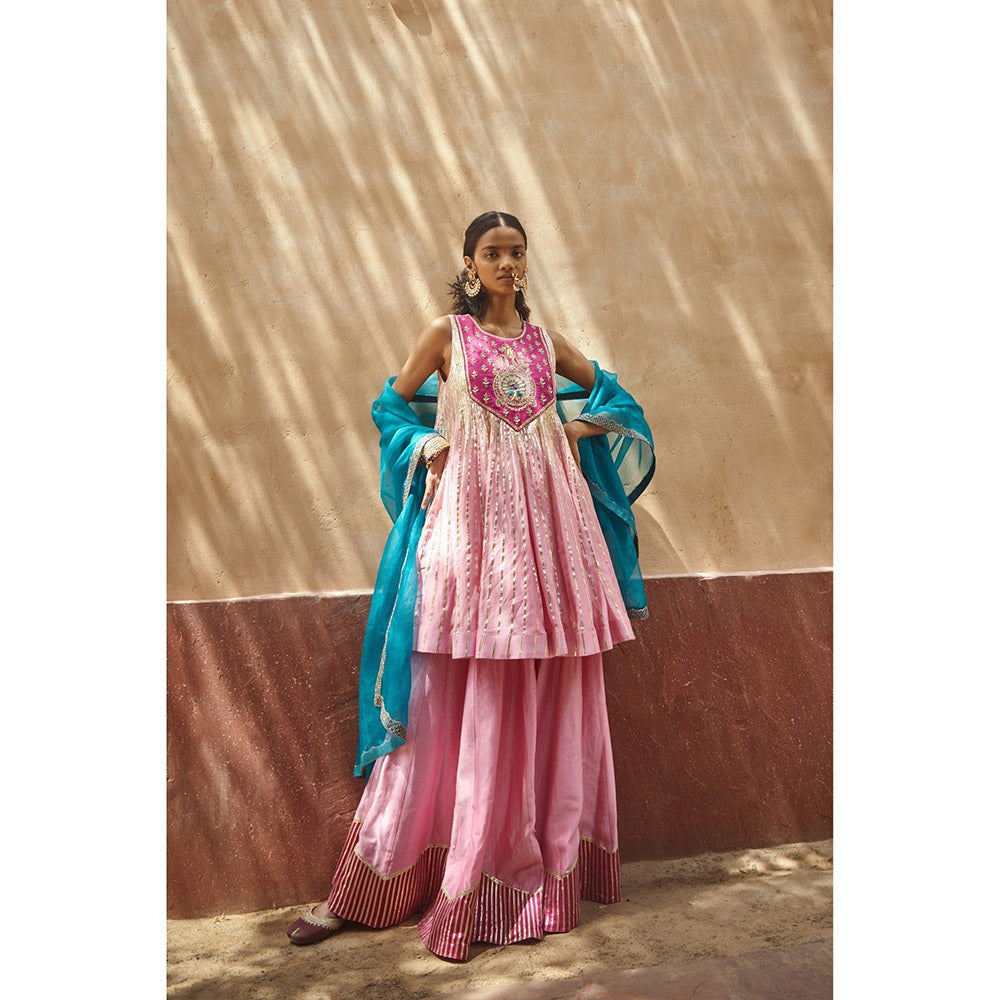 PRATIBHA SULTANIA Pink Gotta Lined Embellished Yoke Kurta with Palazzo & Dupatta (Set of 3)
