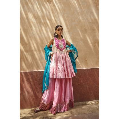 PRATIBHA SULTANIA Pink Gotta Lined Embellished Yoke Kurta with Palazzo & Dupatta (Set of 3)