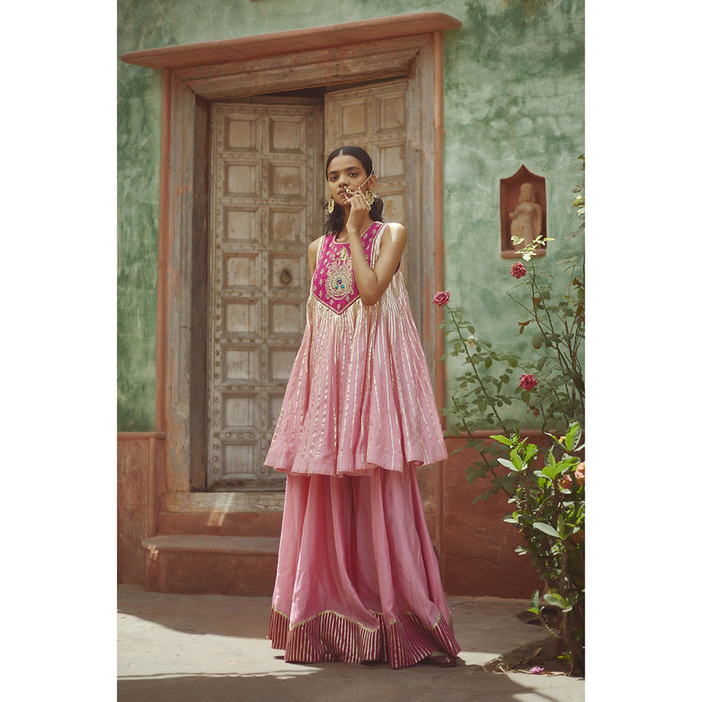 PRATIBHA SULTANIA Pink Gotta Lined Embellished Yoke Kurta with Palazzo & Dupatta (Set of 3)