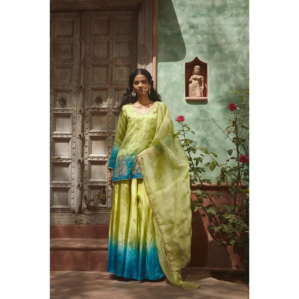 PRATIBHA SULTANIA Green & Firozi Ombre Kurta with Palazzo & Dupatta (Set of 3)
