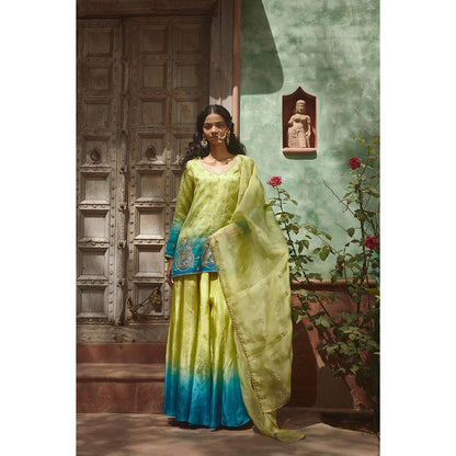 PRATIBHA SULTANIA Green & Firozi Ombre Kurta with Palazzo & Dupatta (Set of 3)