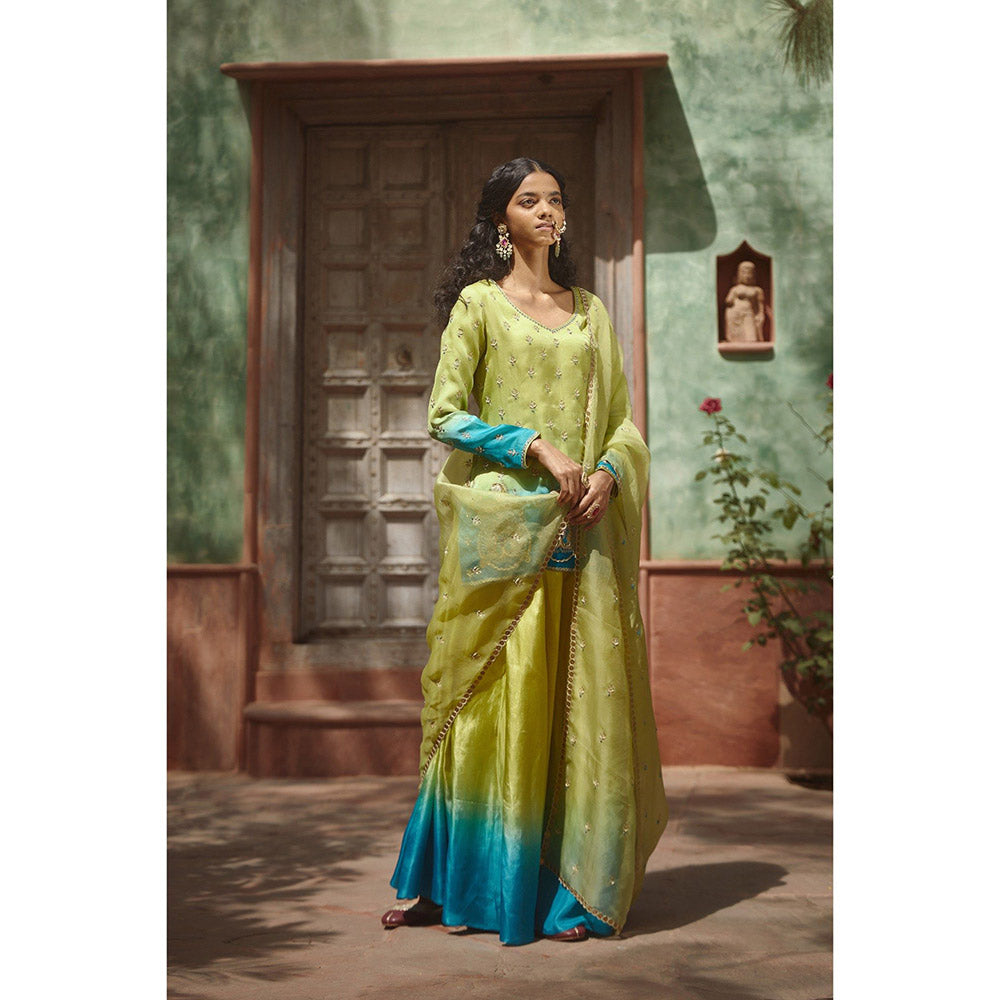 PRATIBHA SULTANIA Green & Firozi Ombre Kurta with Palazzo & Dupatta (Set of 3)