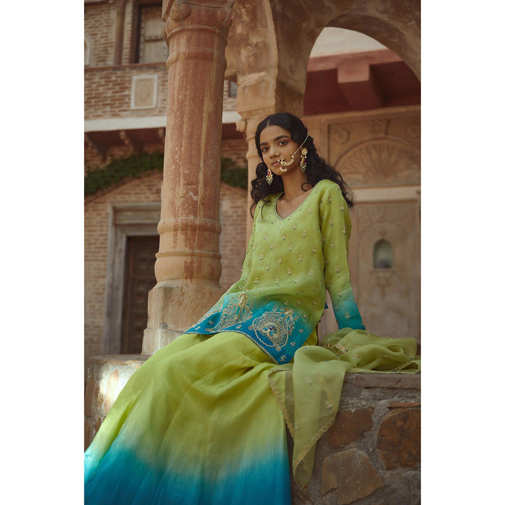 PRATIBHA SULTANIA Green & Firozi Ombre Kurta with Palazzo & Dupatta (Set of 3)