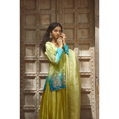 PRATIBHA SULTANIA Green & Firozi Ombre Kurta with Palazzo & Dupatta (Set of 3)