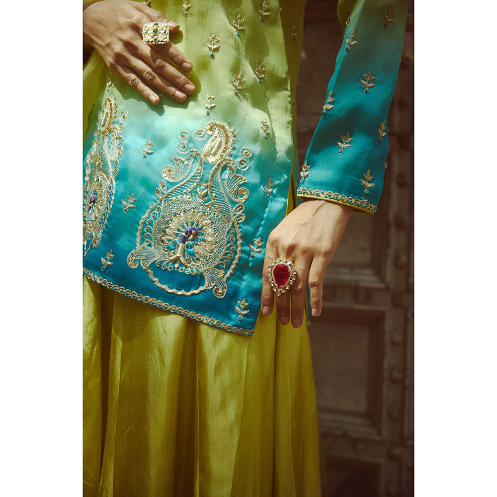 PRATIBHA SULTANIA Green & Firozi Ombre Kurta with Palazzo & Dupatta (Set of 3)