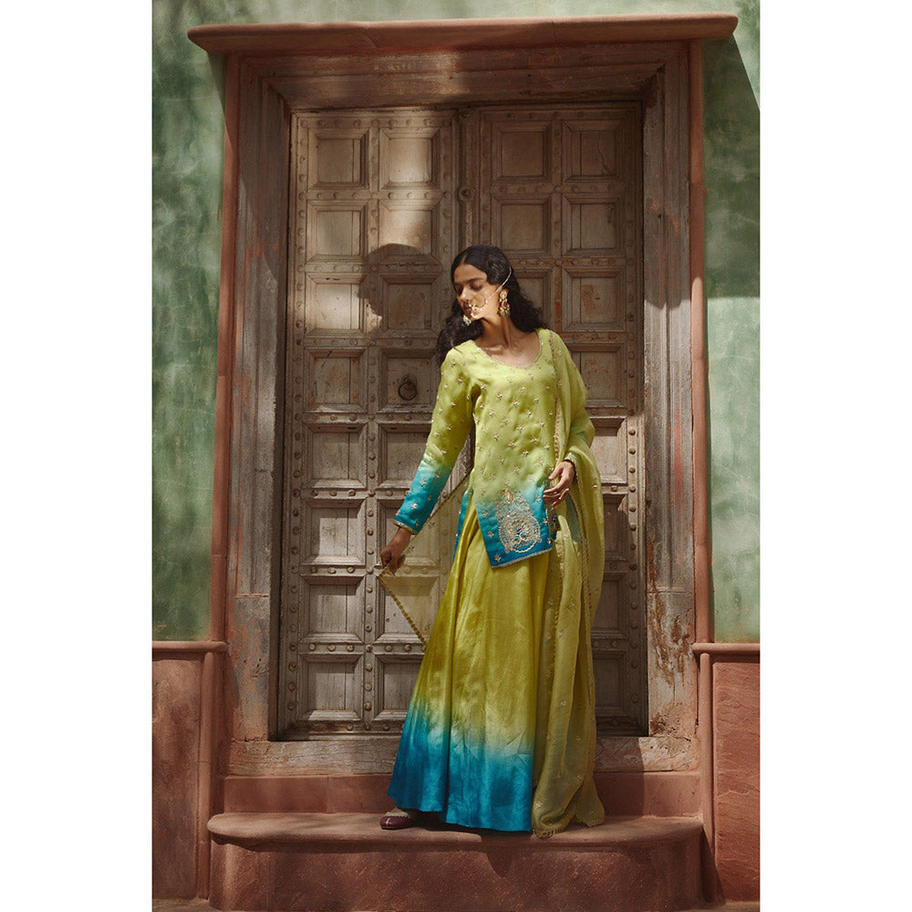 PRATIBHA SULTANIA Green & Firozi Ombre Kurta with Palazzo & Dupatta (Set of 3)