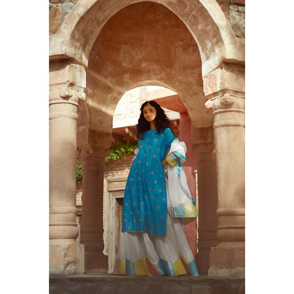 PRATIBHA SULTANIA Blue Colorblock Kurta with Palazzo & Dupatta (Set of 3)