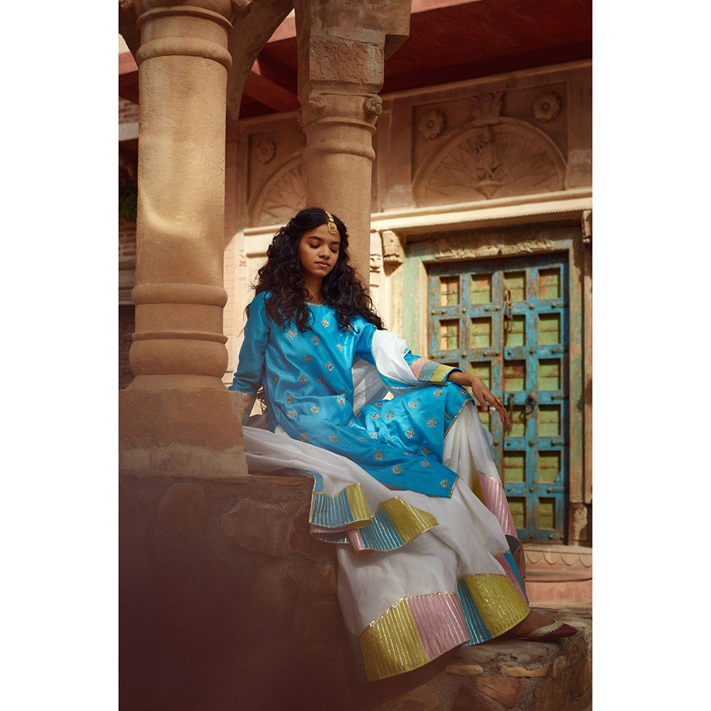 PRATIBHA SULTANIA Blue Colorblock Kurta with Palazzo & Dupatta (Set of 3)