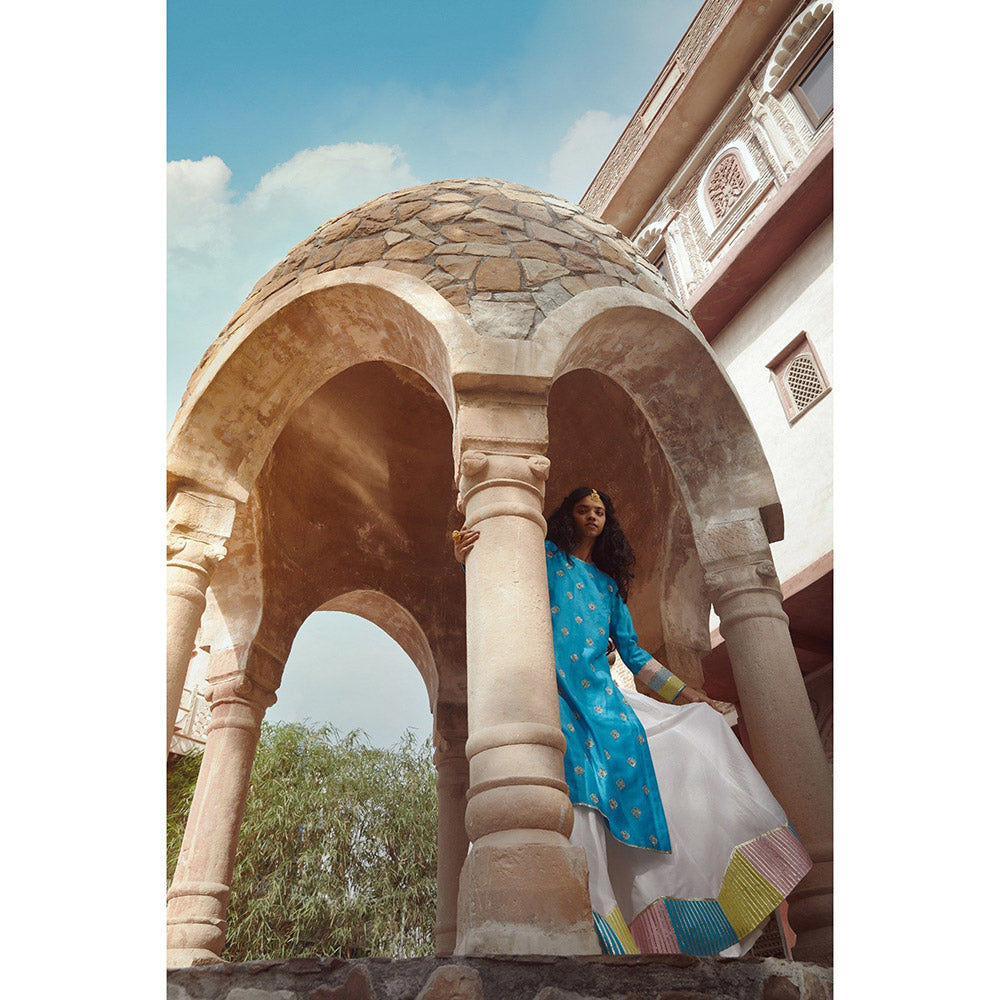 PRATIBHA SULTANIA Blue Colorblock Kurta with Palazzo & Dupatta (Set of 3)