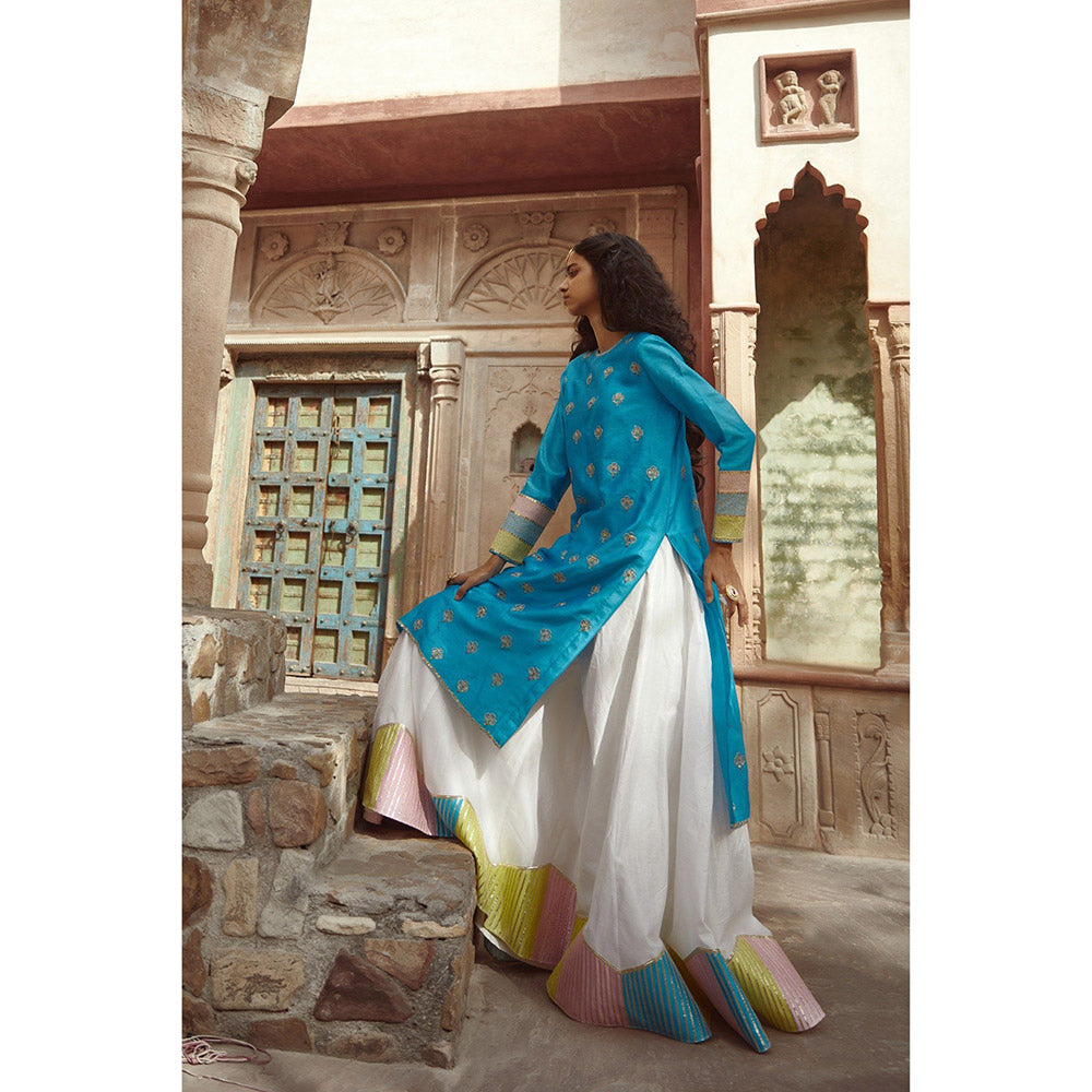 PRATIBHA SULTANIA Blue Colorblock Kurta with Palazzo & Dupatta (Set of 3)