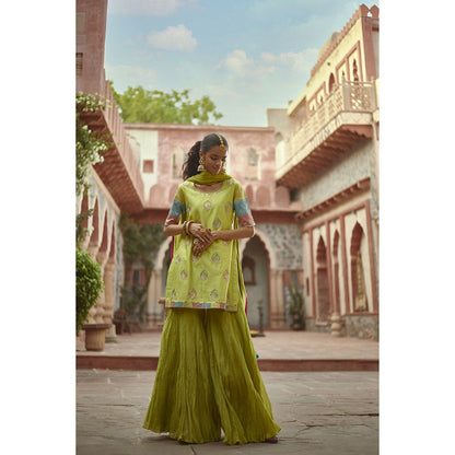 PRATIBHA SULTANIA Three Color Jaali Sleeve Kurta with Wrinkled Sharara & Dupatta (Set of 3)