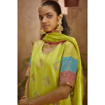 PRATIBHA SULTANIA Three Color Jaali Sleeve Kurta with Wrinkled Sharara & Dupatta (Set of 3)