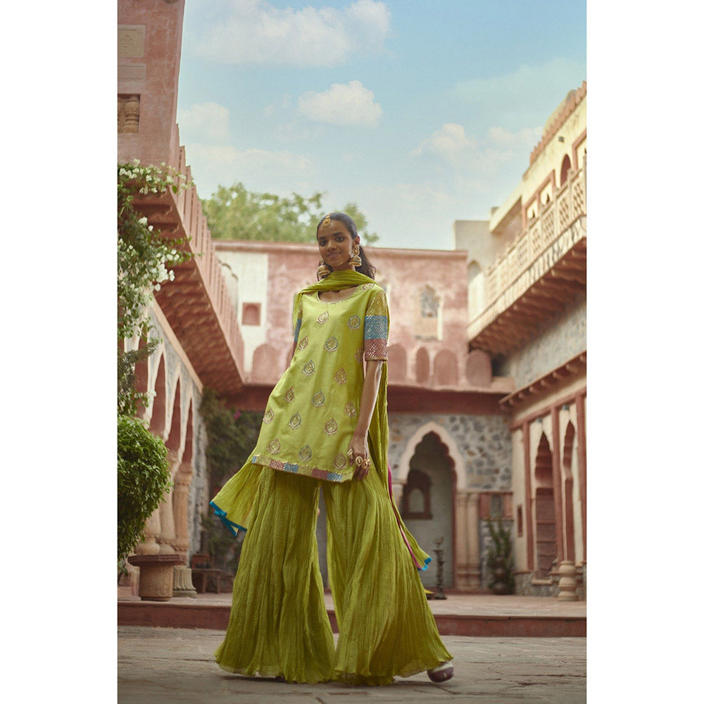 PRATIBHA SULTANIA Three Color Jaali Sleeve Kurta with Wrinkled Sharara & Dupatta (Set of 3)