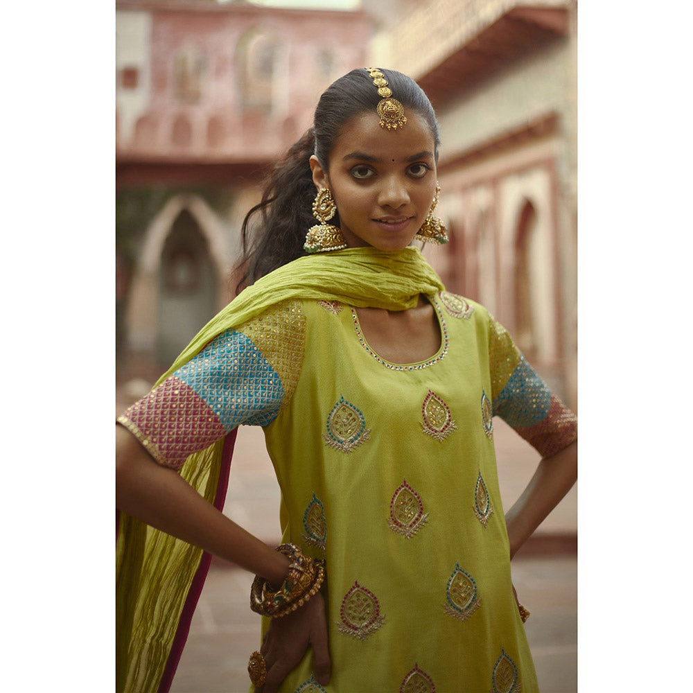 PRATIBHA SULTANIA Three Color Jaali Sleeve Kurta with Wrinkled Sharara & Dupatta (Set of 3)
