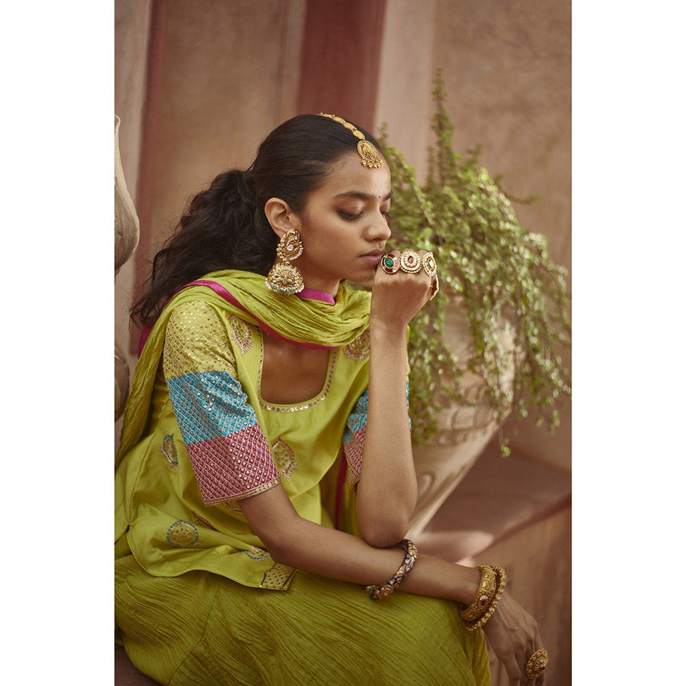 PRATIBHA SULTANIA Three Color Jaali Sleeve Kurta with Wrinkled Sharara & Dupatta (Set of 3)