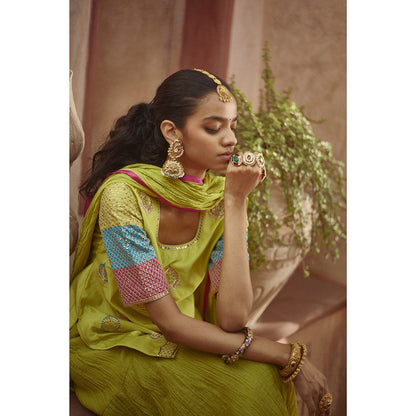 PRATIBHA SULTANIA Three Color Jaali Sleeve Kurta with Wrinkled Sharara & Dupatta (Set of 3)