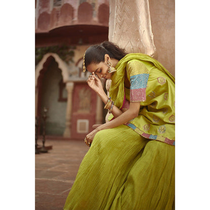 PRATIBHA SULTANIA Three Color Jaali Sleeve Kurta with Wrinkled Sharara & Dupatta (Set of 3)