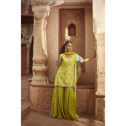PRATIBHA SULTANIA Three Color Jaali Sleeve Kurta with Wrinkled Sharara & Dupatta (Set of 3)