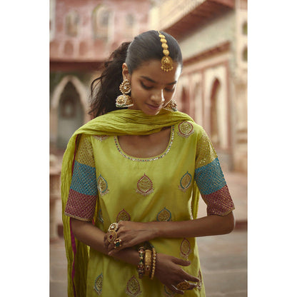 PRATIBHA SULTANIA Three Color Jaali Sleeve Kurta with Wrinkled Sharara & Dupatta (Set of 3)